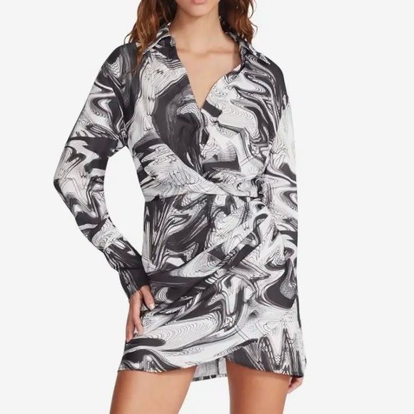 Steve Madden Monochrome Swirl Long Sleeve Dress Size 6 New With Tags - Picture 1 of 4